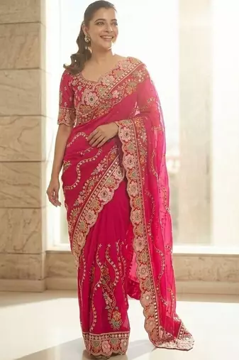 Pink floral embroidered satin saree with blouse piece