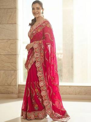 Pink floral embroidered satin saree with blouse piece 4