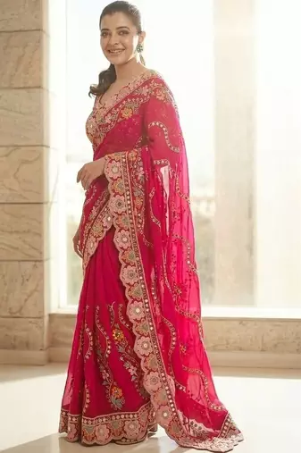 Pink floral embroidered satin saree with blouse piece