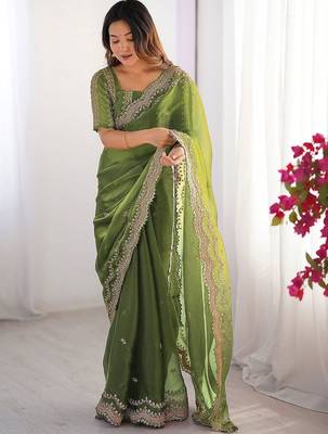 Green shimmer chiffon sequins embroideried blouse piece & sarees 1