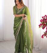 Green shimmer chiffon sequins embroideried blouse piece & sarees
