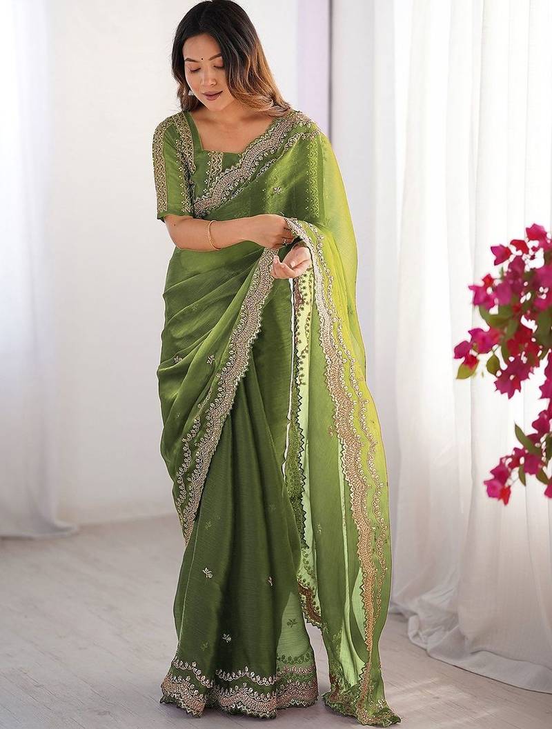 Green shimmer chiffon sequins embroideried blouse piece & sarees