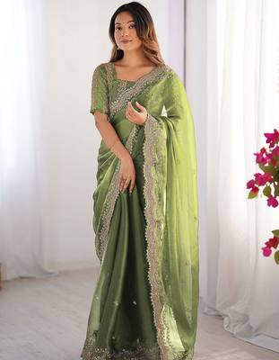 Green shimmer chiffon sequins embroideried blouse piece & sarees 2