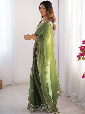 Green shimmer chiffon sequins embroideried blouse piece & sarees 3