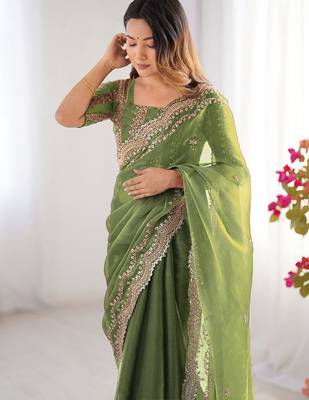 Green shimmer chiffon sequins embroideried blouse piece & sarees 4