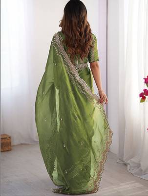 Green shimmer chiffon sequins embroideried blouse piece & sarees 5