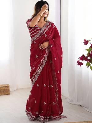 Red tissue silk sequin embroideried blouse piece & sarees 1