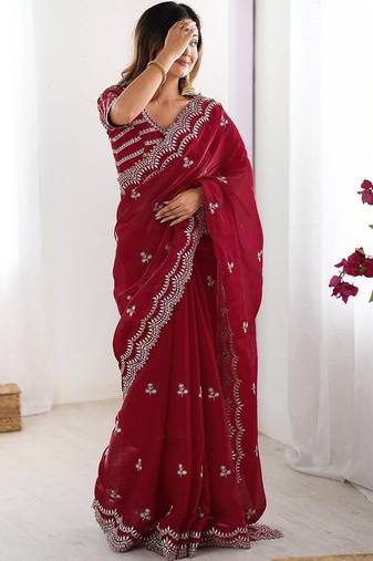 Red tissue silk sequin embroideried blouse piece & sarees