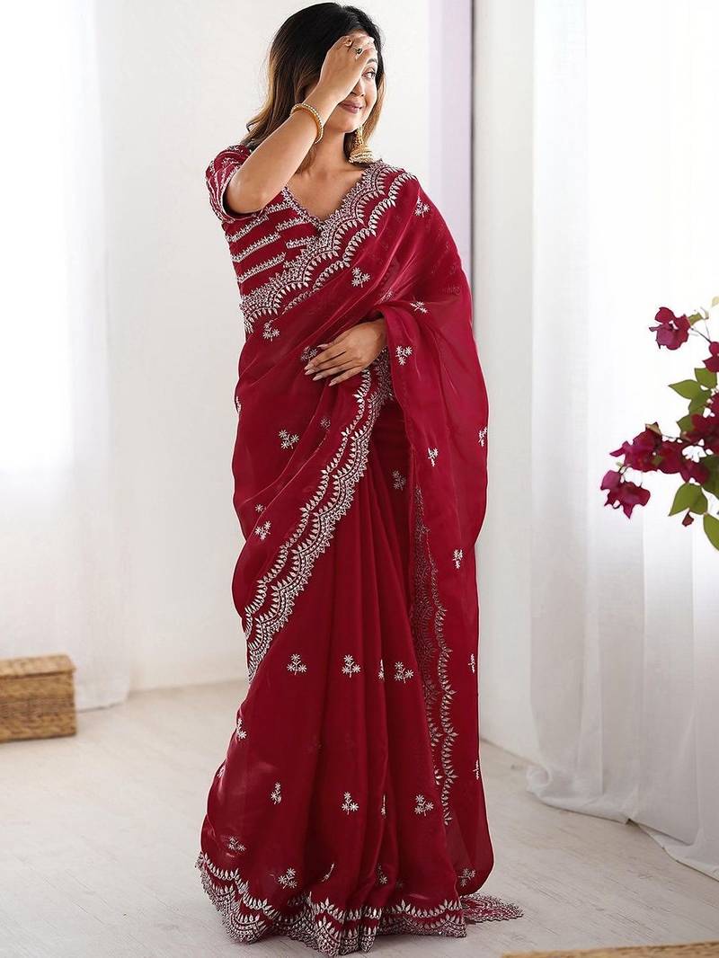 Red tissue silk sequin embroideried blouse piece & sarees