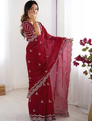 Red tissue silk sequin embroideried blouse piece & sarees 2