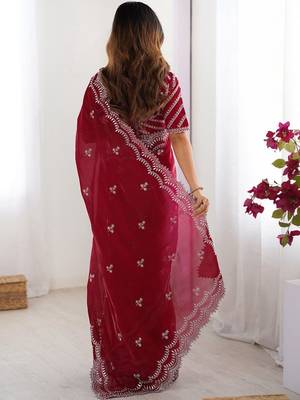 Red tissue silk sequin embroideried blouse piece & sarees 3