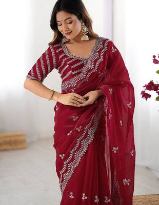 Red tissue silk sequin embroideried blouse piece & sarees 4