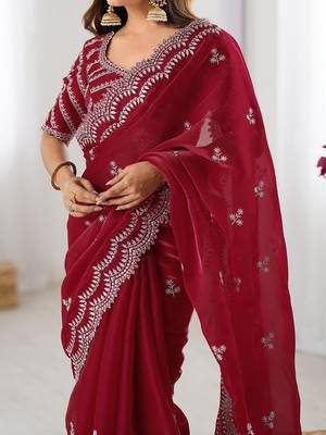 Red tissue silk sequin embroideried blouse piece & sarees 5