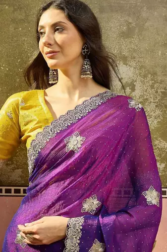 Purple embroidered silk chiffon sarees