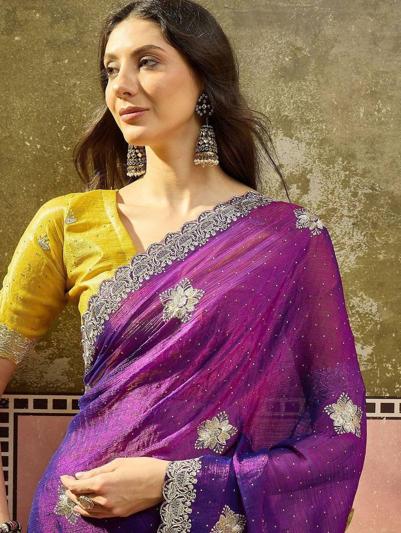 Purple embroidered silk chiffon sarees