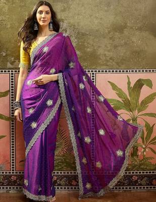 Purple embroidered silk chiffon sarees 2