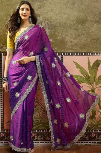 Purple embroidered silk chiffon sarees