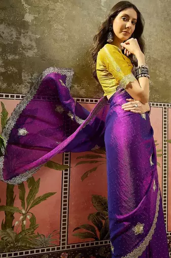 Purple embroidered silk chiffon sarees
