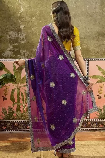 Purple embroidered silk chiffon sarees