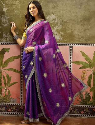 Purple embroidered silk chiffon sarees 5