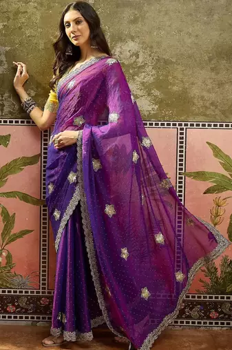 Purple embroidered silk chiffon sarees
