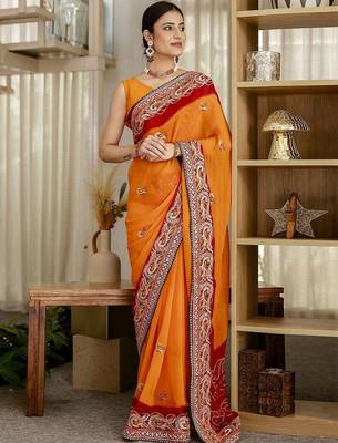 Red bandhani printed saree with unstitched blouse piece 1