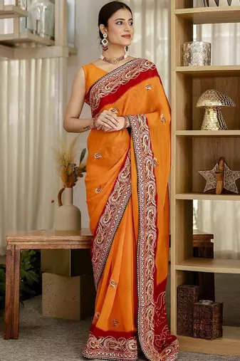 Red bandhani printed saree with unstitched blouse piece