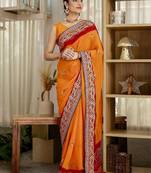 Red bandhani printed saree with unstitched blouse piece