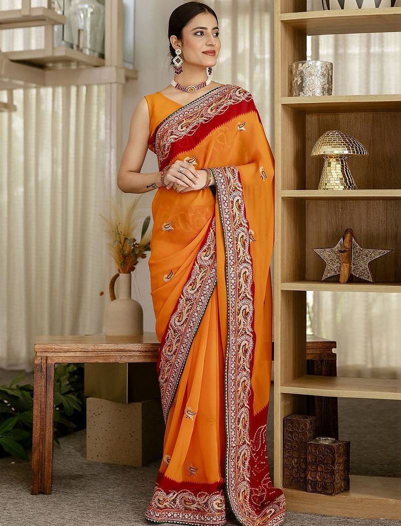 Red bandhani printed saree with unstitched blouse piece