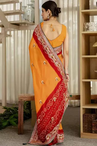 Red bandhani printed saree with unstitched blouse piece