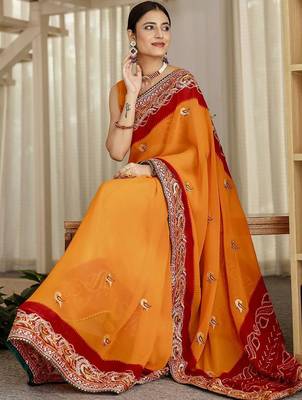 Red bandhani printed saree with unstitched blouse piece 3