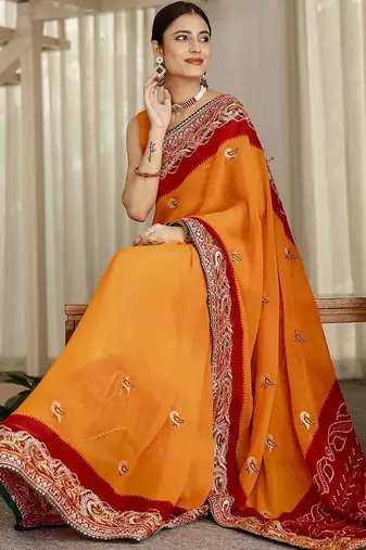 Red bandhani printed saree with unstitched blouse piece
