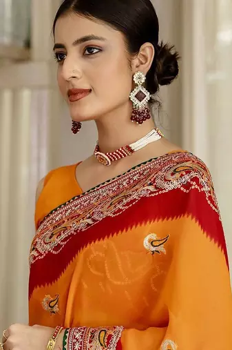 Red bandhani printed saree with unstitched blouse piece