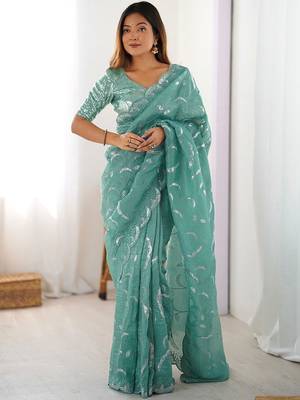 Green tissue silk sequin embroideried blouse piece & sarees 1
