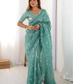 Green tissue silk sequin embroideried blouse piece & sarees