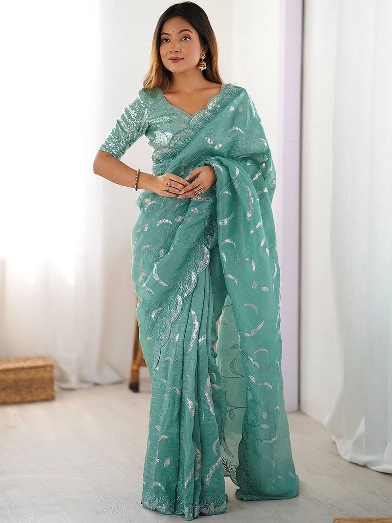 Green tissue silk sequin embroideried blouse piece & sarees