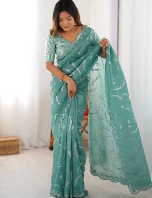 Green tissue silk sequin embroideried blouse piece & sarees 2