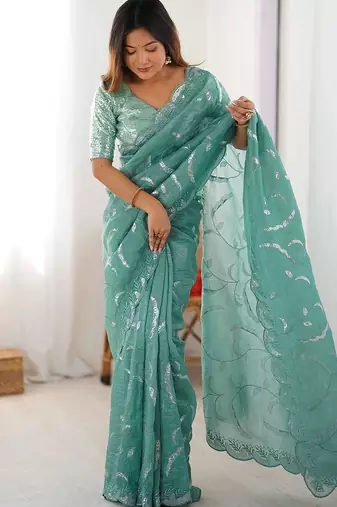Green tissue silk sequin embroideried blouse piece & sarees