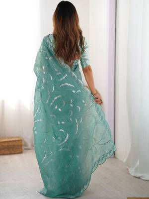 Green tissue silk sequin embroideried blouse piece & sarees 3
