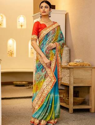 Blue bandhani printed saree with unstitched blouse piece 1