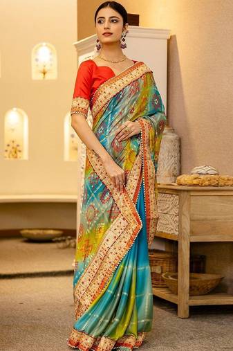 Blue bandhani printed saree with unstitched blouse piece