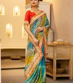 Blue bandhani printed saree with unstitched blouse piece