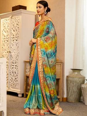 Blue bandhani printed saree with unstitched blouse piece 2