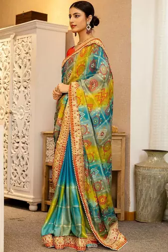 Blue bandhani printed saree with unstitched blouse piece