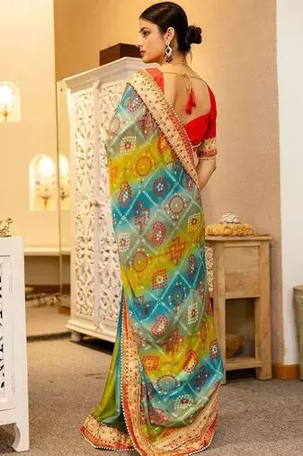 Blue bandhani printed saree with unstitched blouse piece