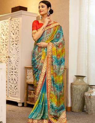 Blue bandhani printed saree with unstitched blouse piece 5