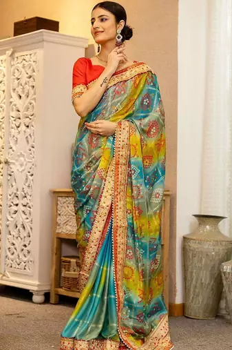 Blue bandhani printed saree with unstitched blouse piece
