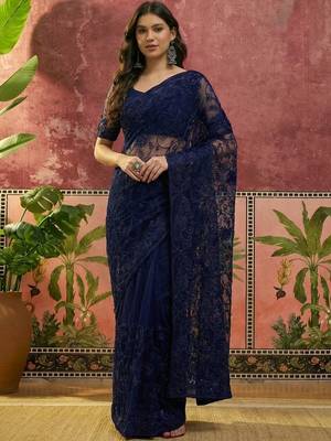 Navy blue embroidered sarees with unstitched blouse piece 1