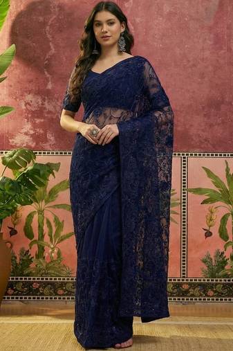 Navy blue embroidered sarees with unstitched blouse piece