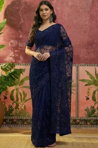 Navy blue embroidered sarees with unstitched blouse piece